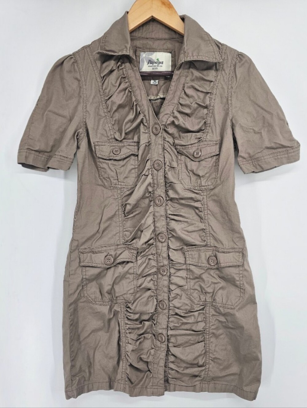 Papaya Brown Ruched Utility Safari Shirt Dress Women's M Cargo Pocket Y2K